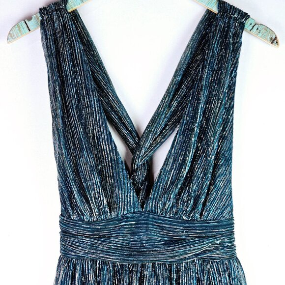 Lulus Ailey Halter Mini Twisted Back Metallic Threaded Gold Teal Skater Dress, S - Picture 4 of 10